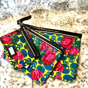 Betsey Johnson 3 Piece Floral Skull Cosmetic Travel Set With Strap